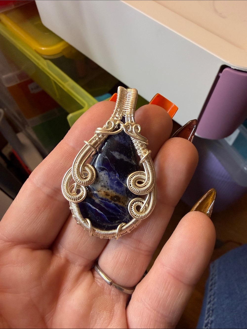 Handcrafted Silver Wire-Wrapped Blue Sodalite Pendant Necklace
